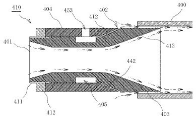 円筒形の気体吐出用ノズル（エアアンプ）の断面図